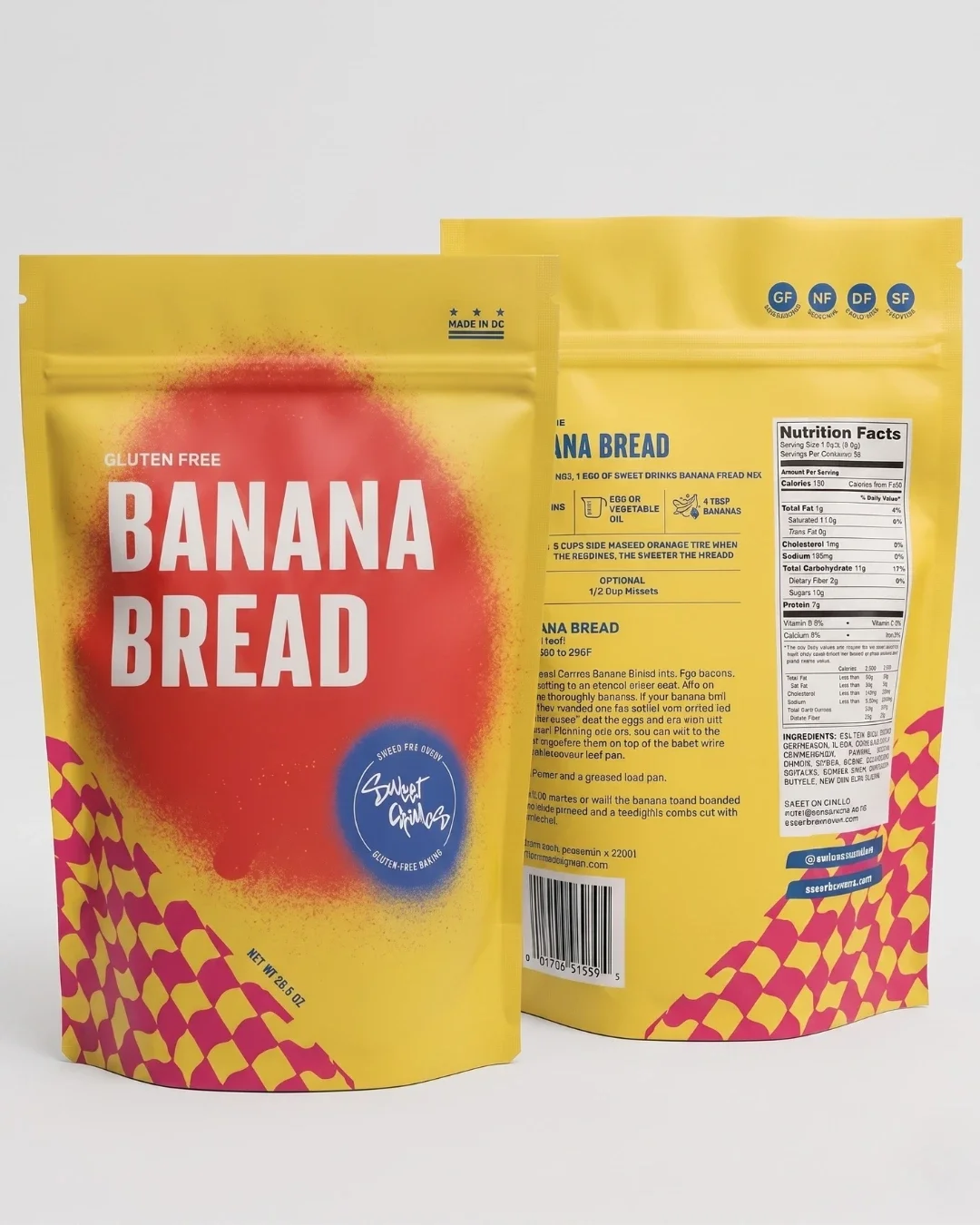 Gluten-free banana bread mix packaging with vibrant design.