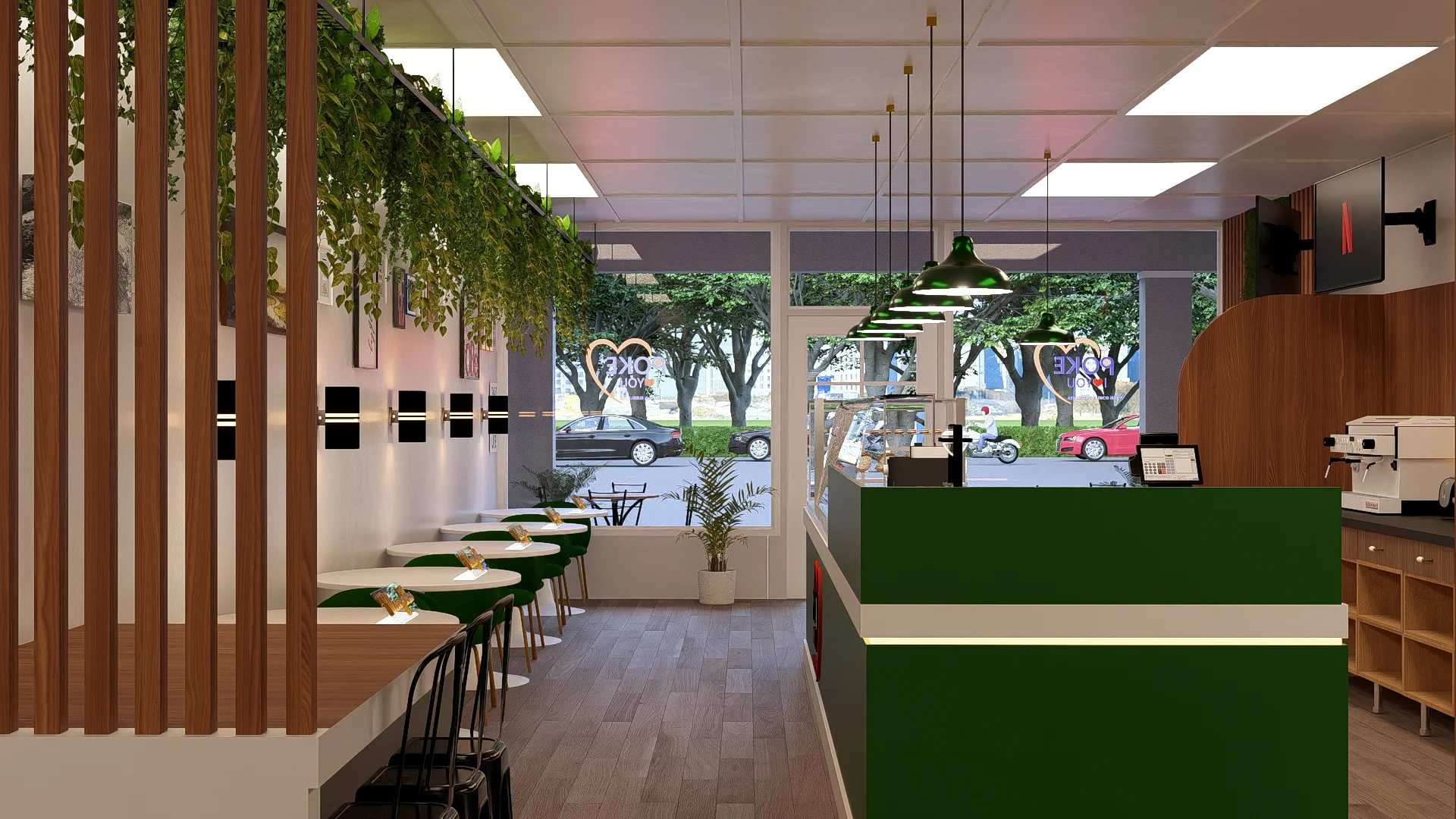 Modern restaurant interior with greenery and stylish decor