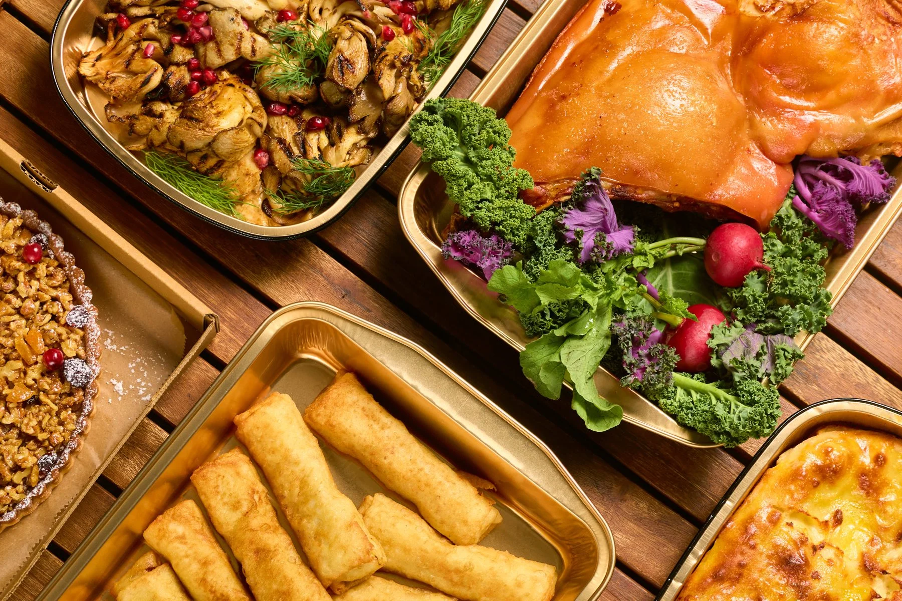 Catering trays of Georgian dishes for a corporate lunch