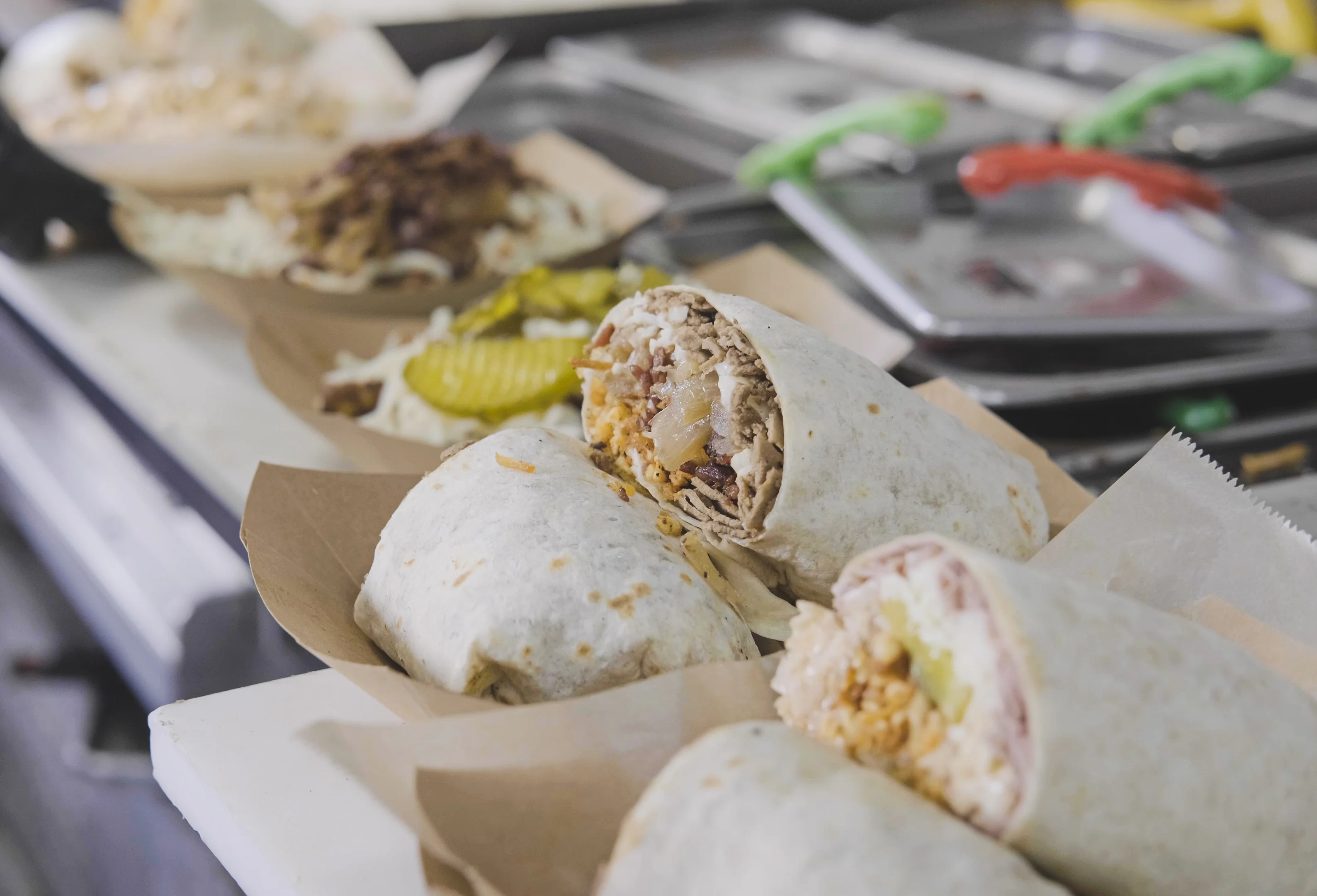Close up of delicious hand crafted artisan wraps and skillets