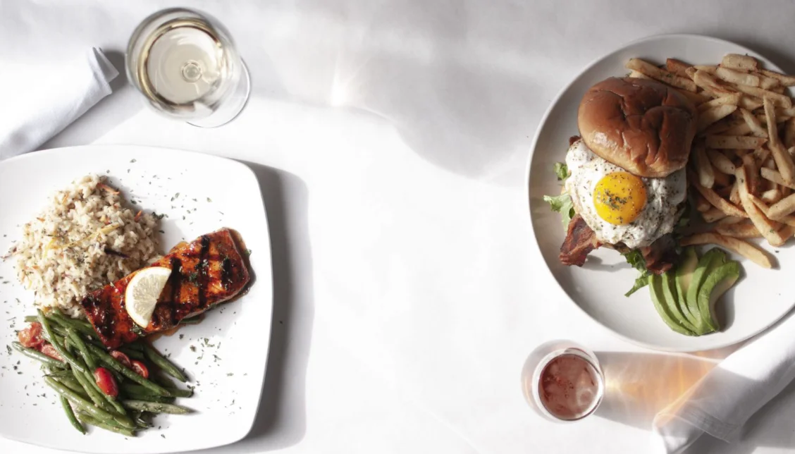 Grilled salmon with rice and green beans, classic American dish