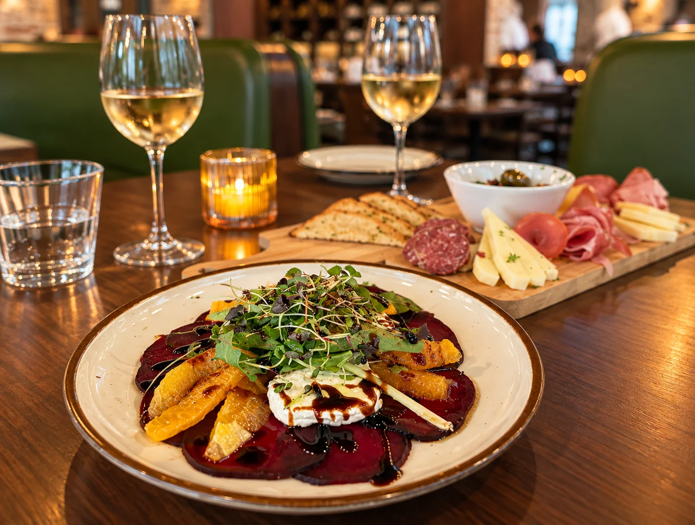Beet and citrus dish with wine and charcuterie at Tavolina44