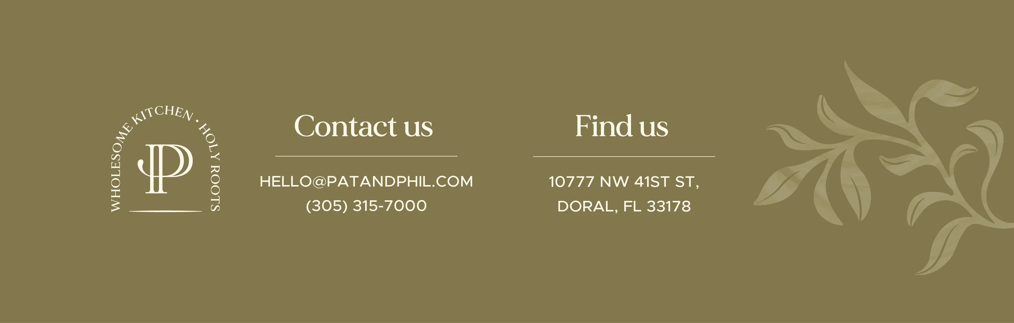 Contact information and location details for a restaurant on a stylish background