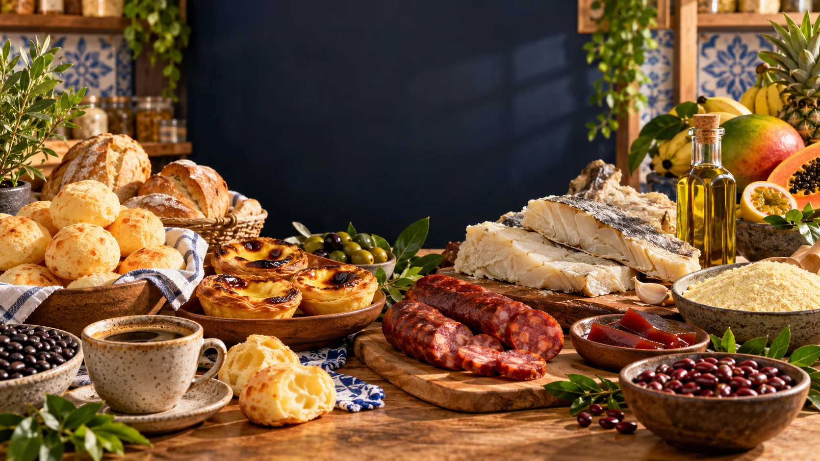 Assorted Mediterranean delicacies including bread, cheese, and cured meats on a wooden table