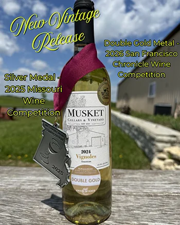 Bottle of Musket Cellars 2024 Vignoles with awards displayed