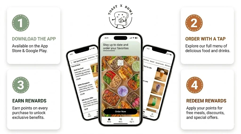 Mobile app interface for ordering food and rewards