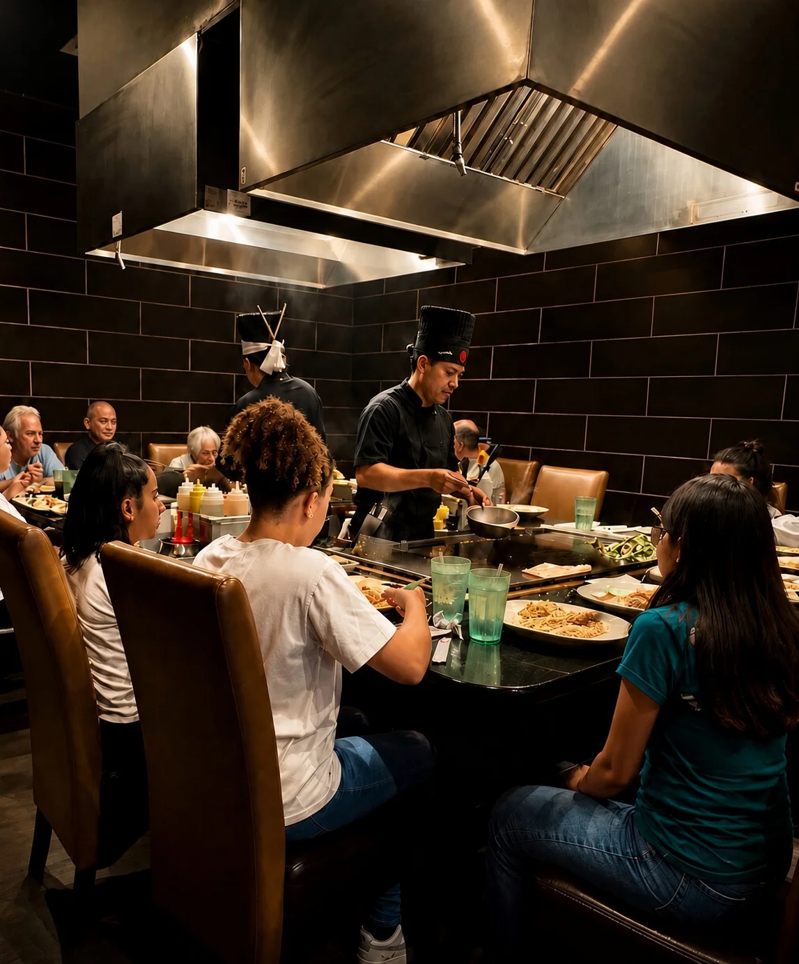 A hibachi chef performs a fiery cooking demonstration at a restaurant, with flames shooting up from the grill and a woman seated at the table, enjoying the display.