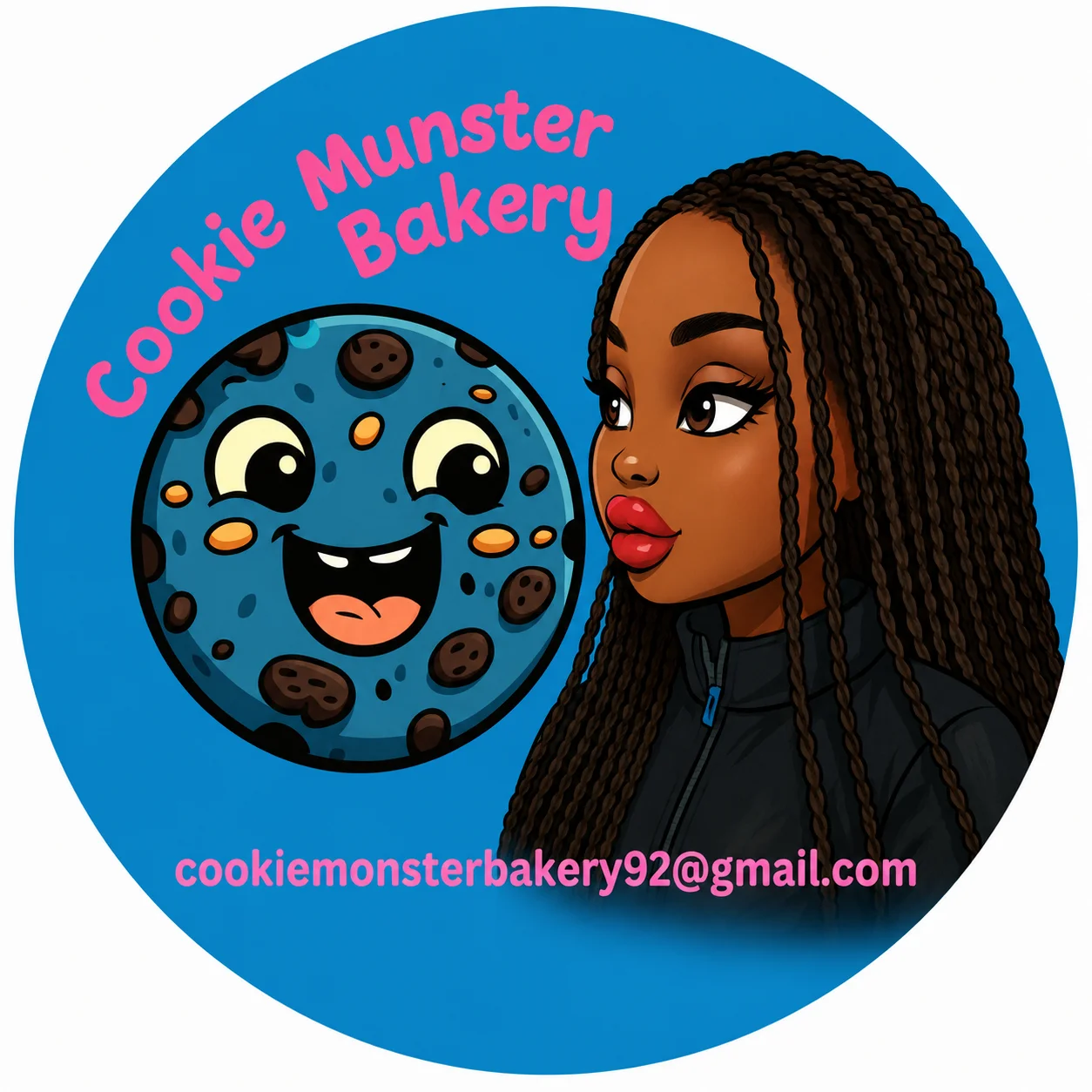 Logo of Cookie Munster Bakery featuring a cartoon cookie and a woman