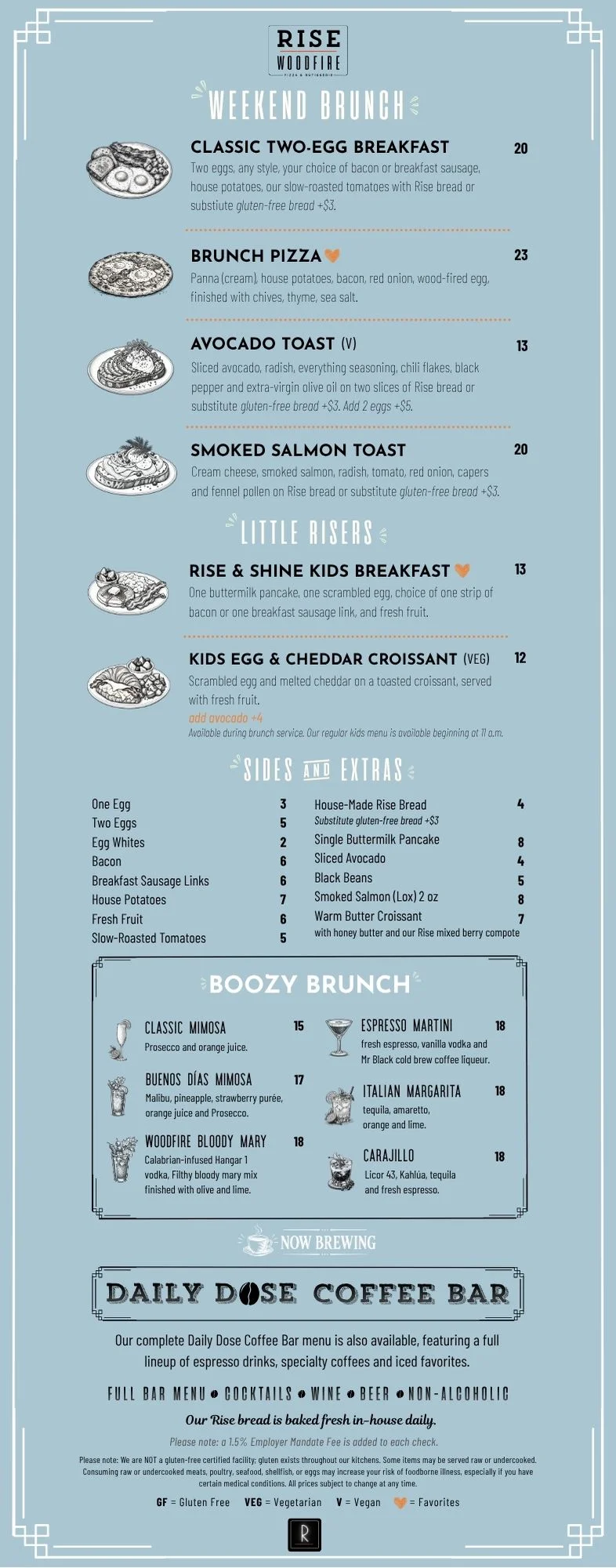 Weekend brunch menu featuring diverse dishes and drinks at a restaurant