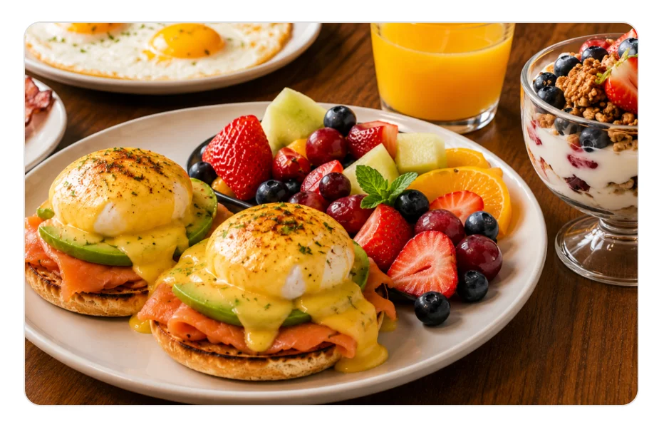 Eggs Benedict with smoked salmon and fresh fruit
