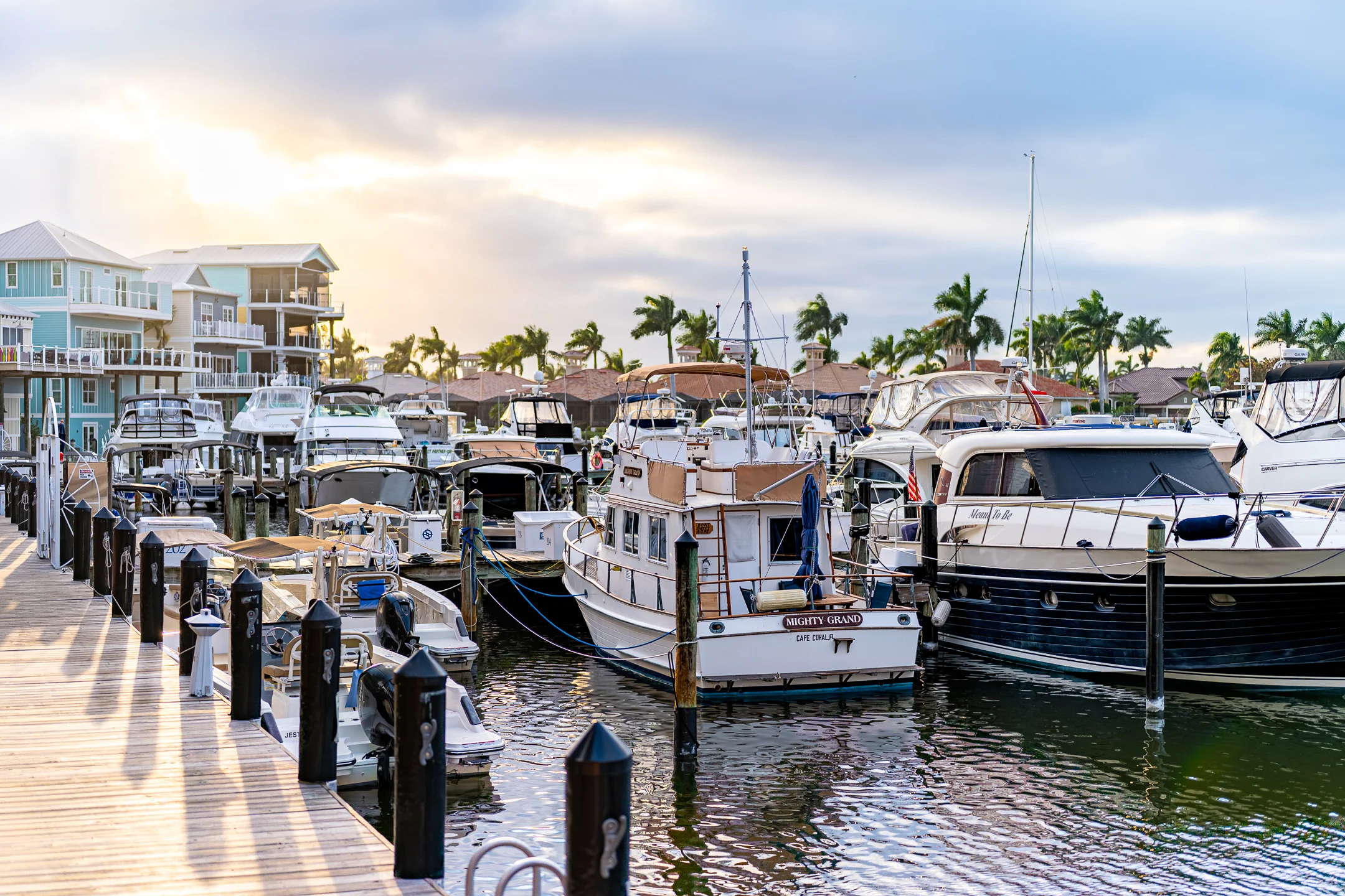 Scenic marina with boats and palm trees at sunset