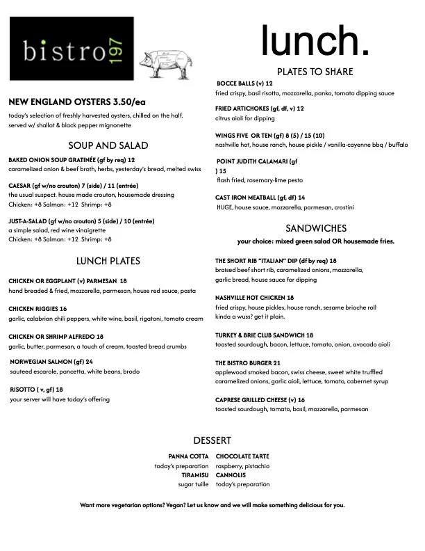 Bistro lunch menu with Italian-inspired dishes and desserts