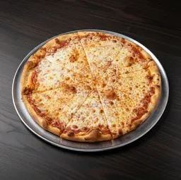 Classic cheese pizza on a metal tray