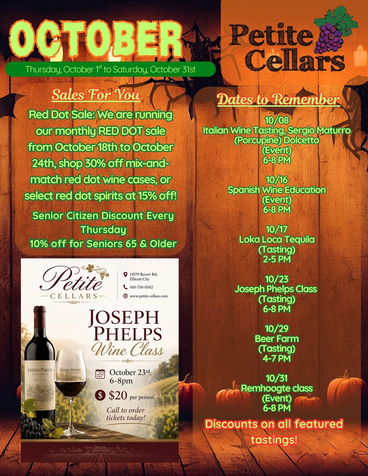 Promotional flyer for June wine and spirit tastings at Petite Cellars