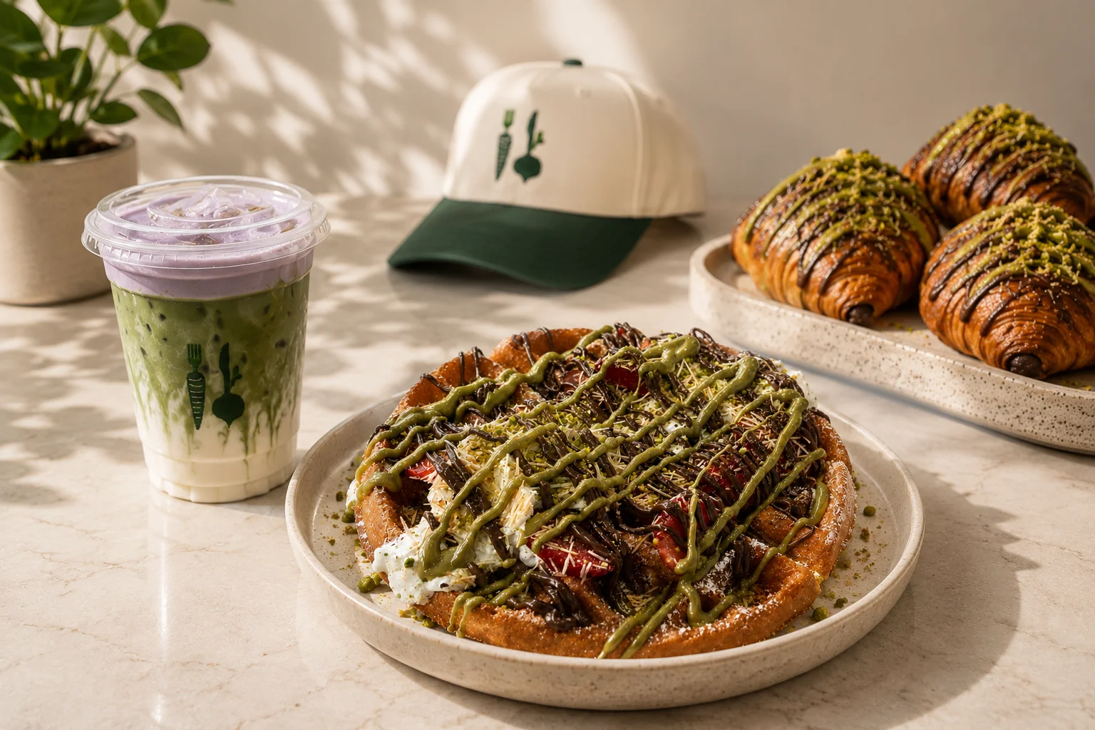 Matcha dessert plate with croissants and iced drink