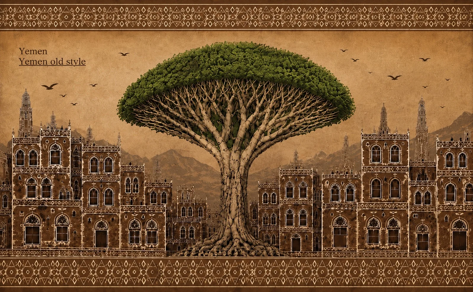 Artistic depiction of Yemen's architecture and a large tree.