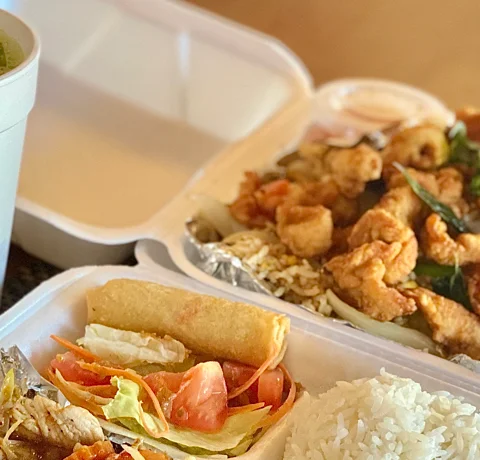Chinese takeout featuring chicken stir-fry and spring rolls