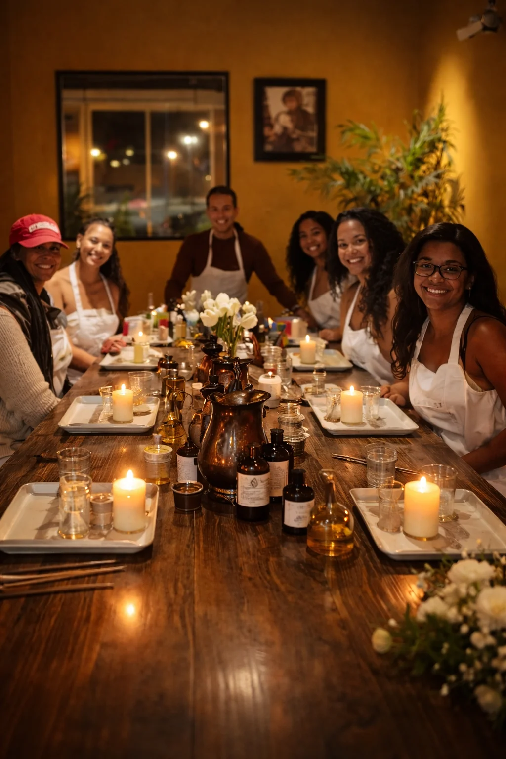 Group dining experience with candles and decor in a cozy restaurant setting