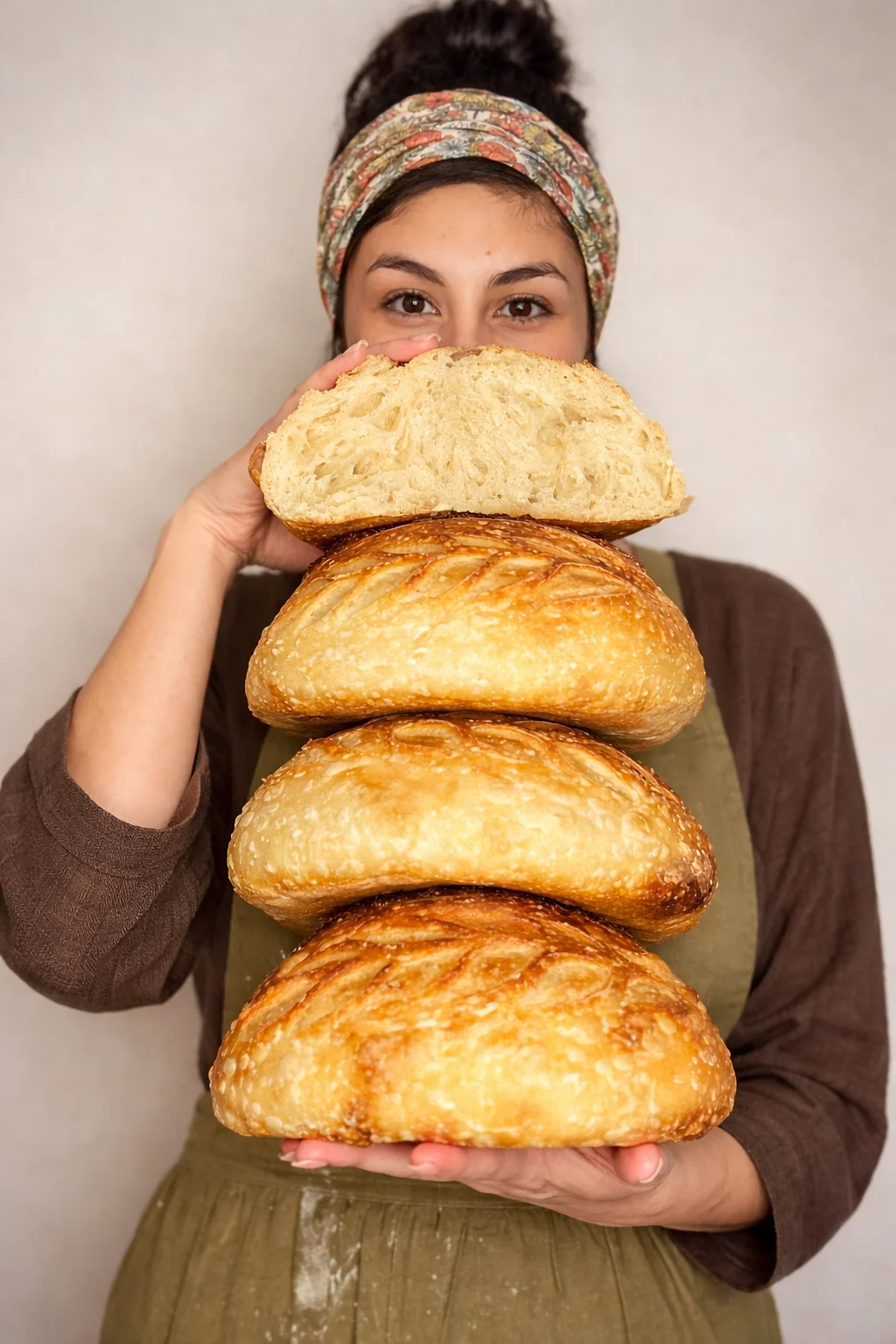Artisan sourdough bread loaves stacked with a baker
