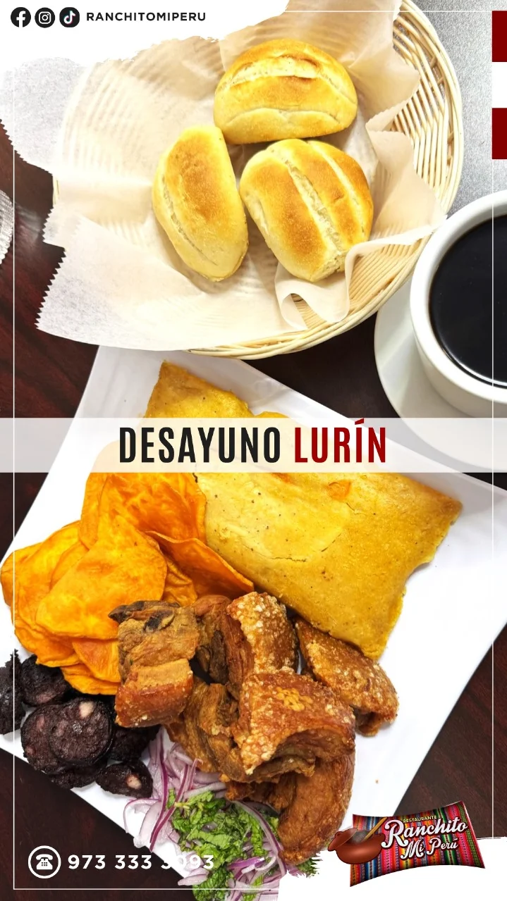 Traditional Peruvian breakfast platter with chicharrón and sweet potatoes