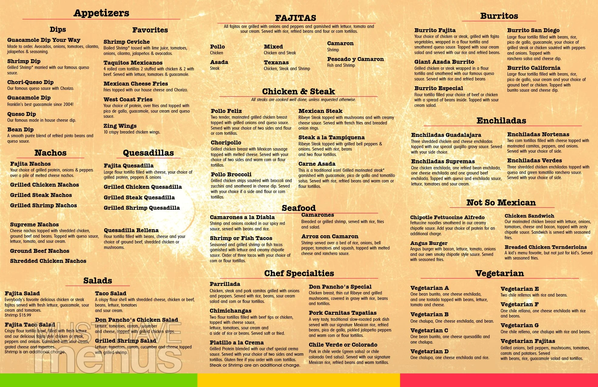 Mexican restaurant menu featuring fajitas, burritos, and enchiladas