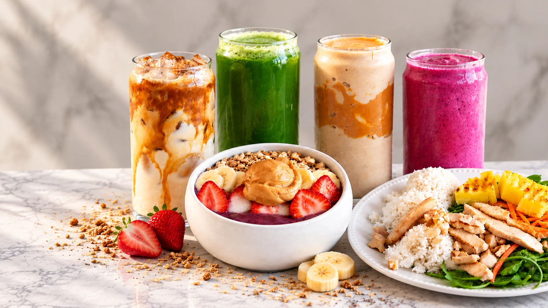 Açaí bowl with fruit, tropical smoothies, and grilled chicken rice plate