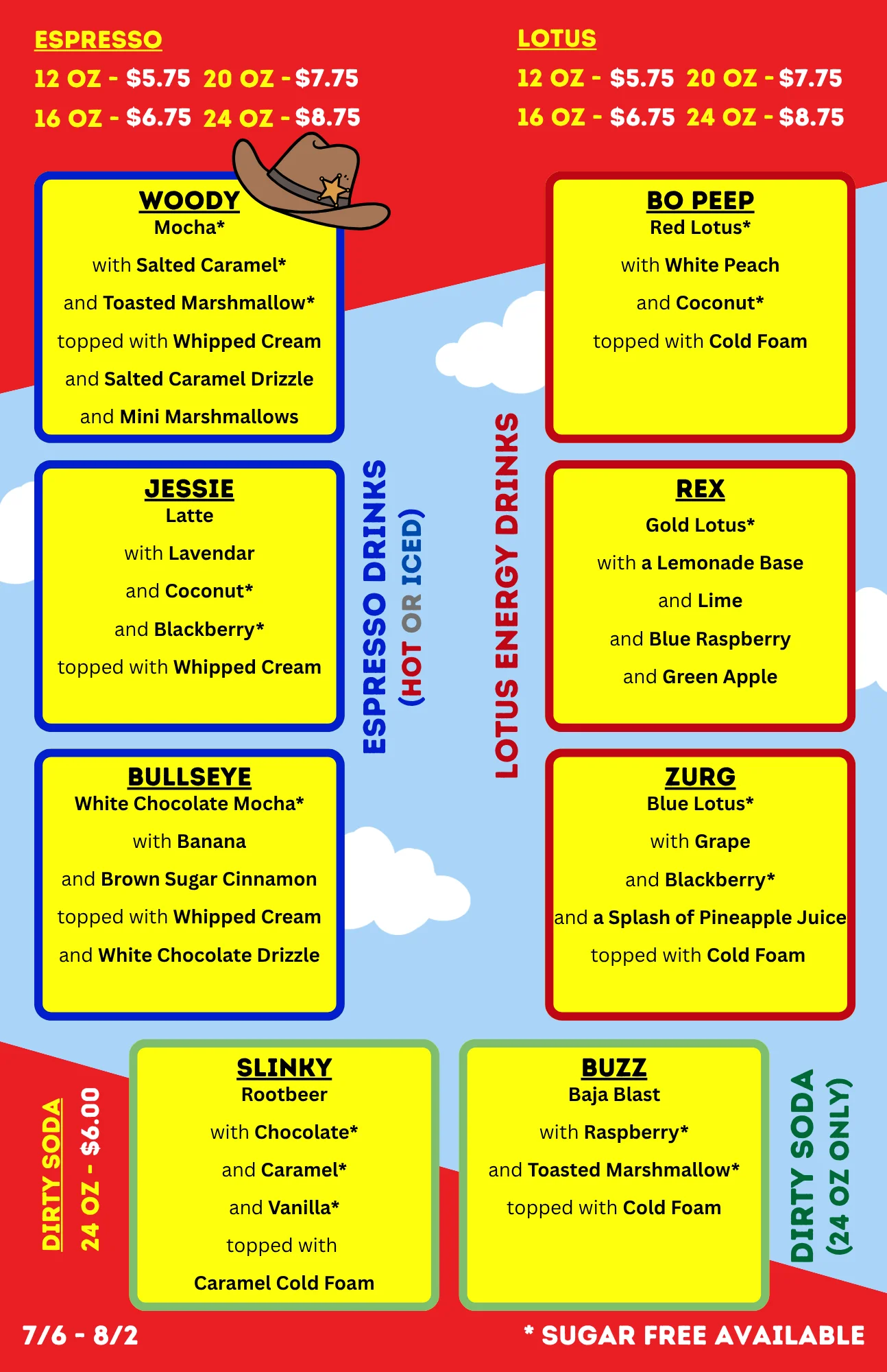 Colorful drink menu featuring espresso and energy drinks