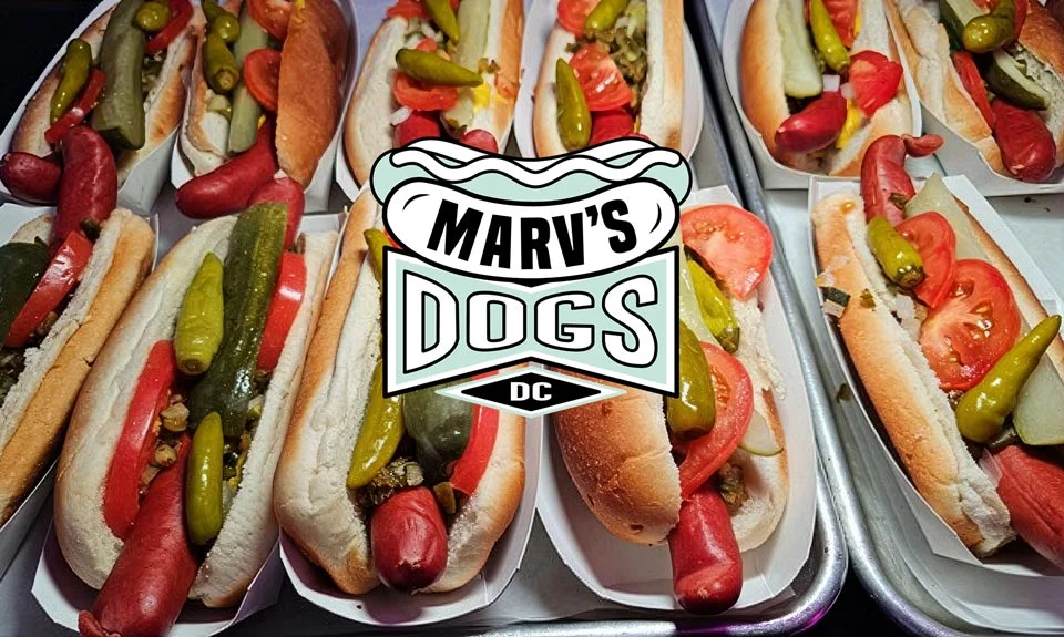 Delicious hot dogs with toppings from Marv's Dogs in DC.