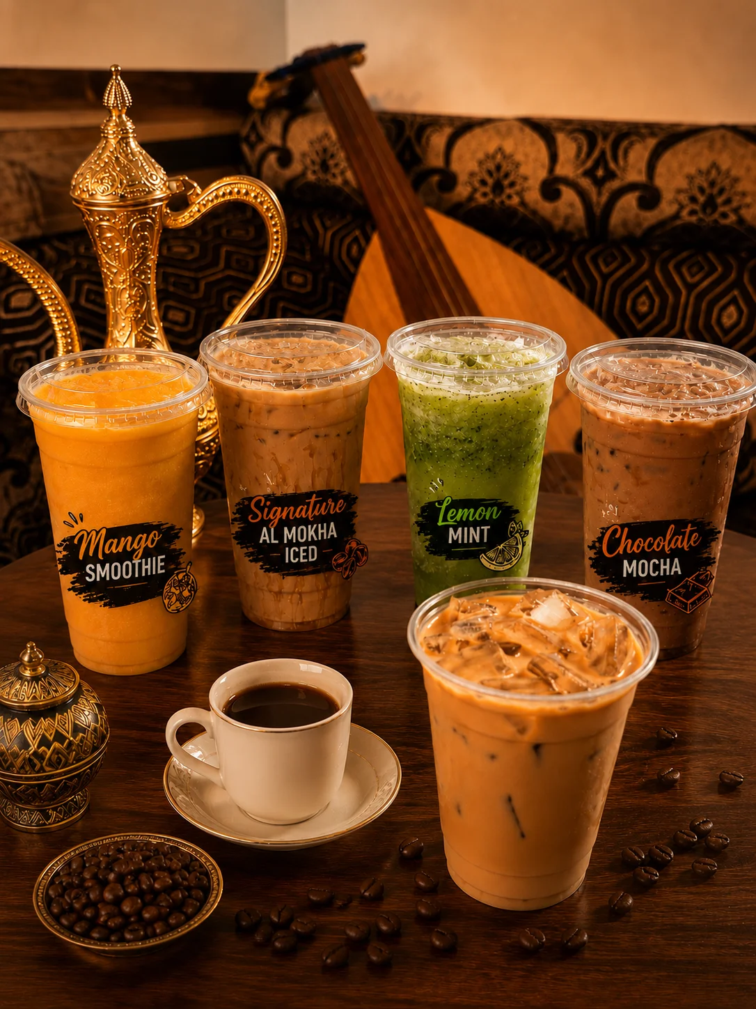 Variety of colorful iced drinks and coffee on a wooden table.