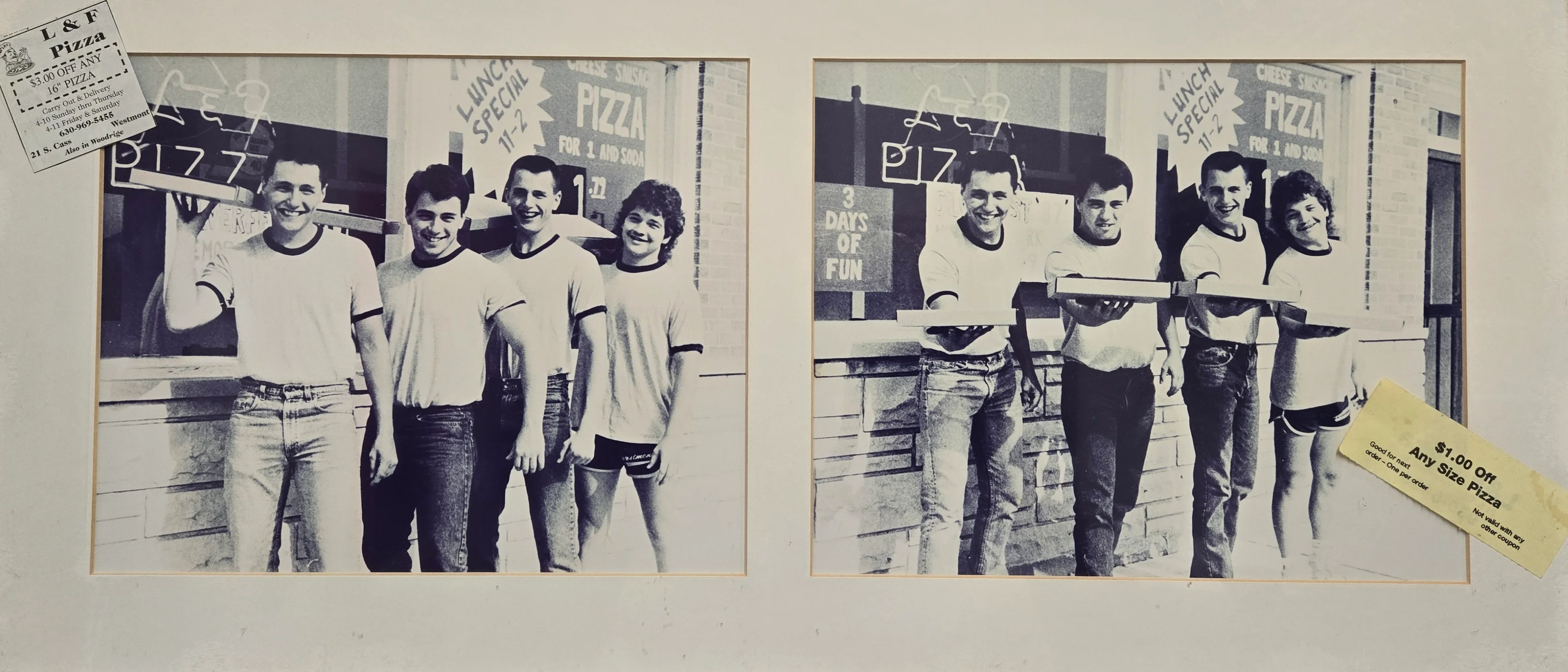 Vintage photo of pizza restaurant staff posing outside