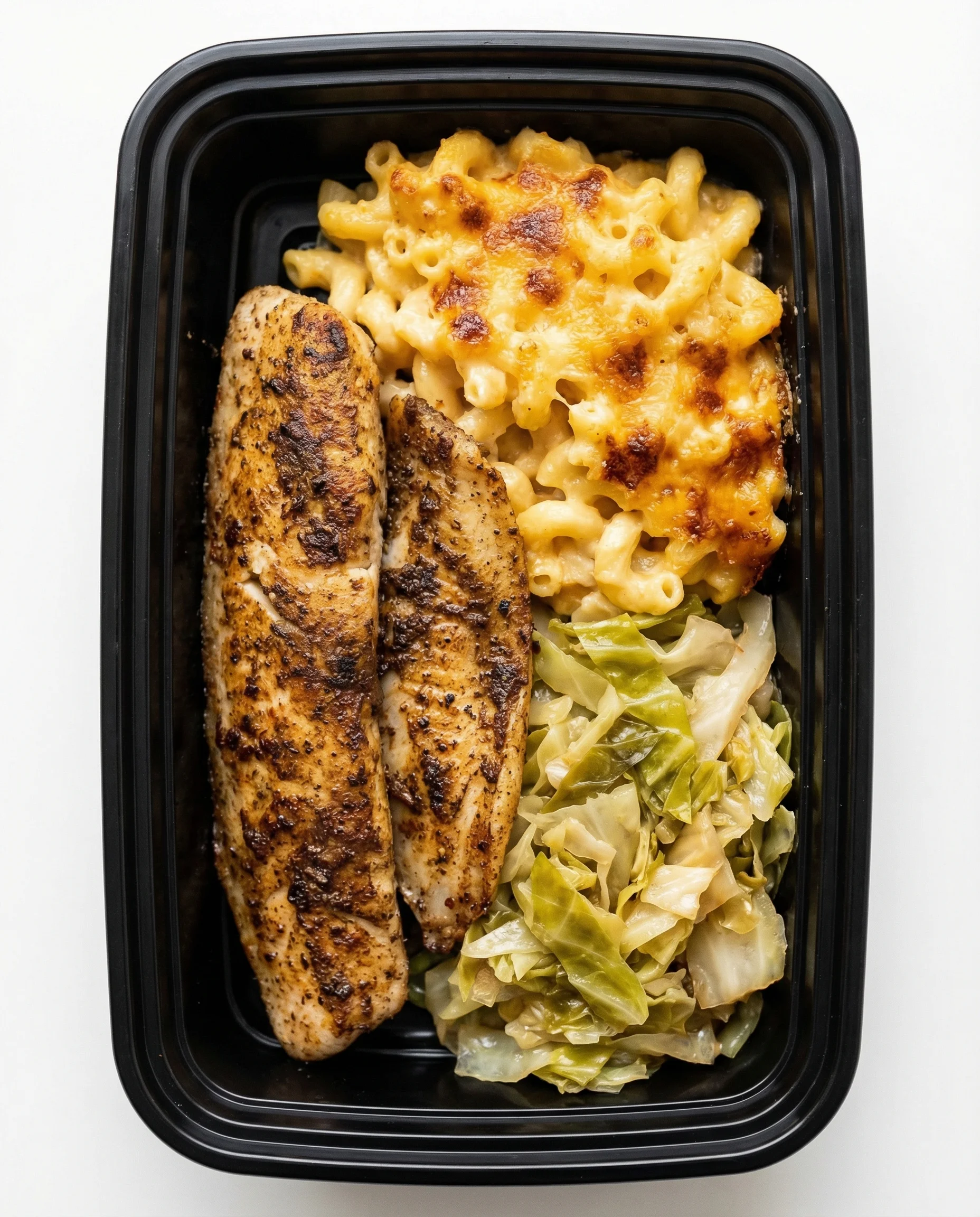 A meal divided into sections featuring fried fish, collard greens, macaroni and cheese, and sweet potatoes.