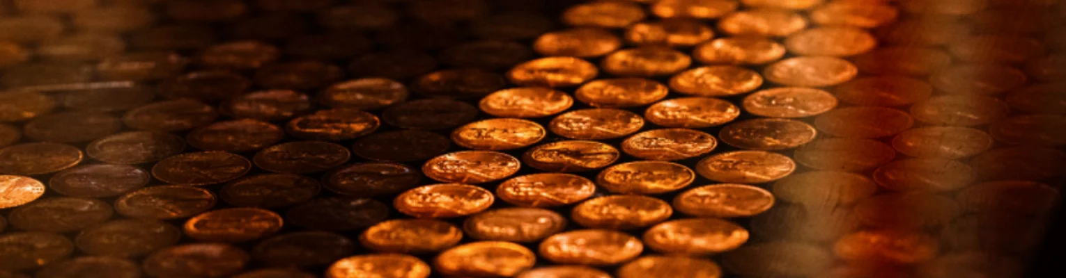 Close-up of shiny copper pennies arranged in a row