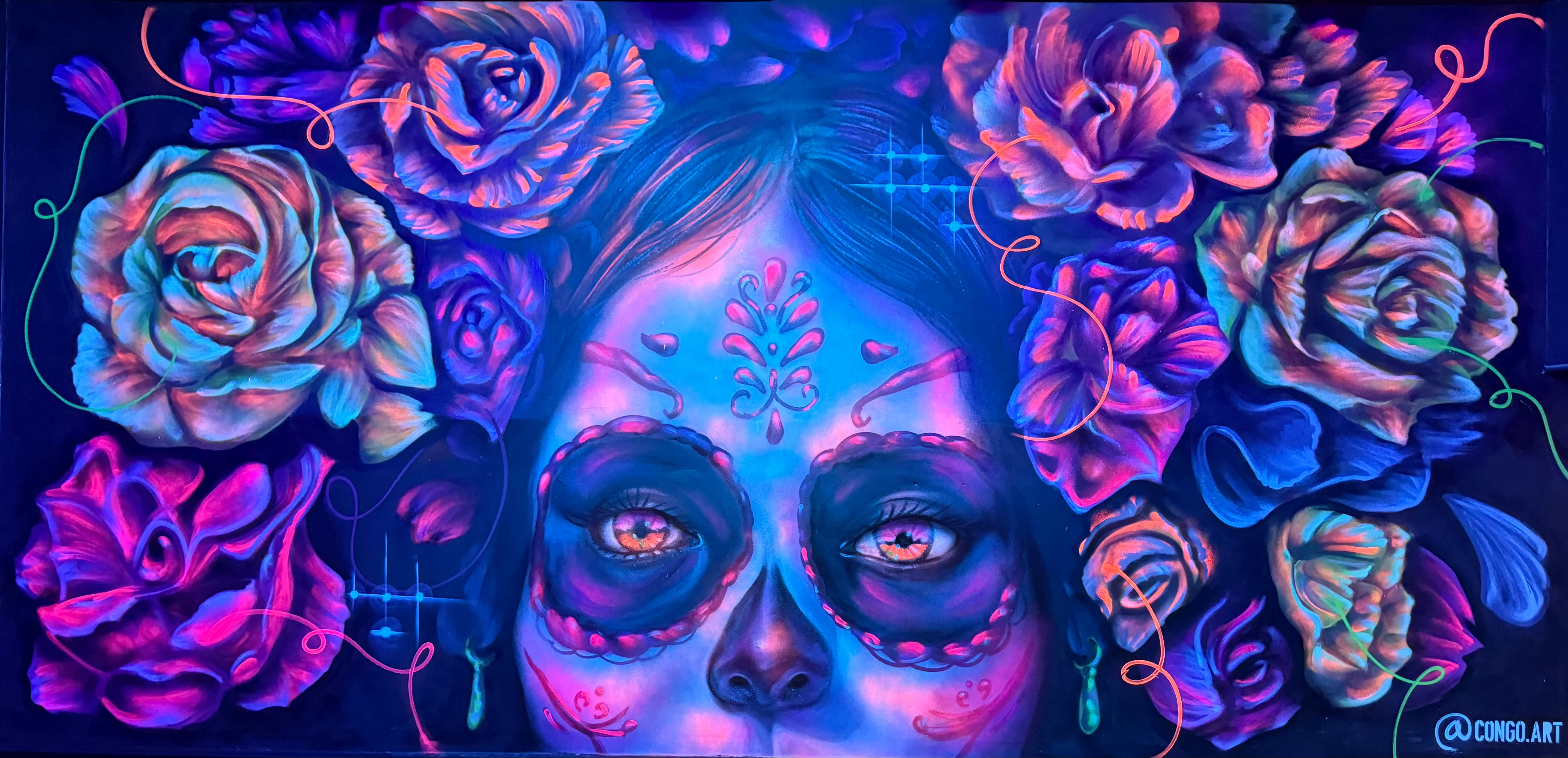 Vibrant sugar skull art with colorful roses and intricate details