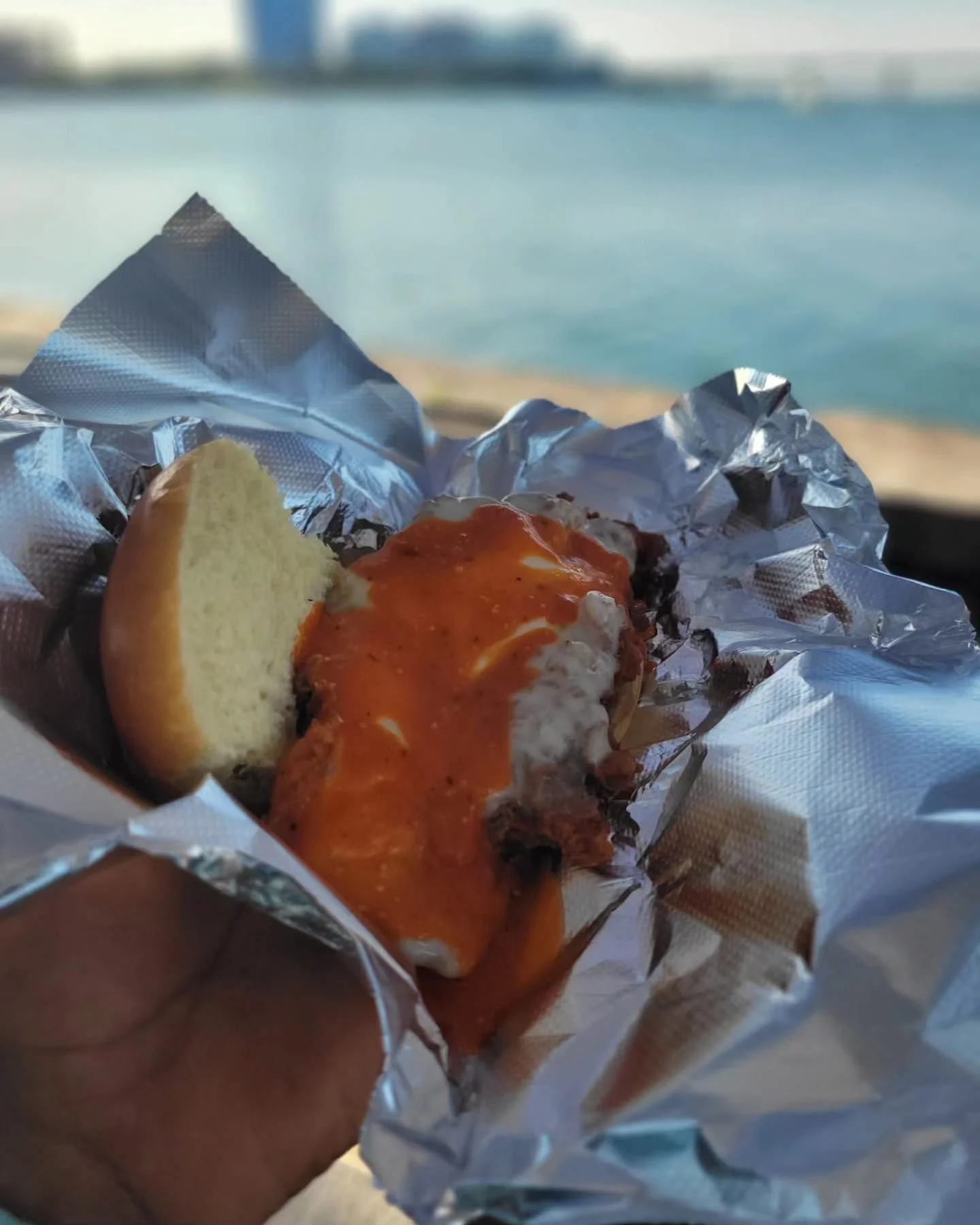 Savory Cuban sandwich with spicy sauce by the waterfront