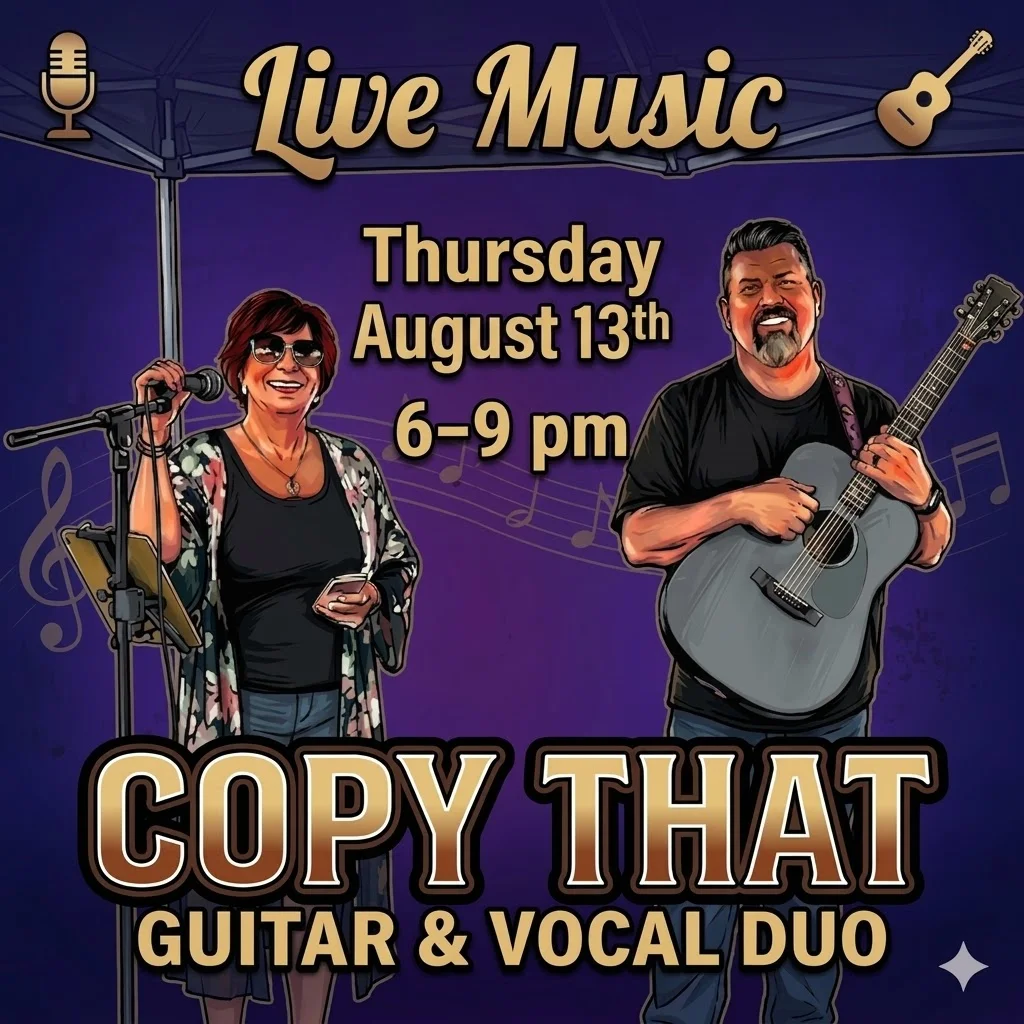 Illustration of a guitar and vocal duo named 'Copy That' performing.