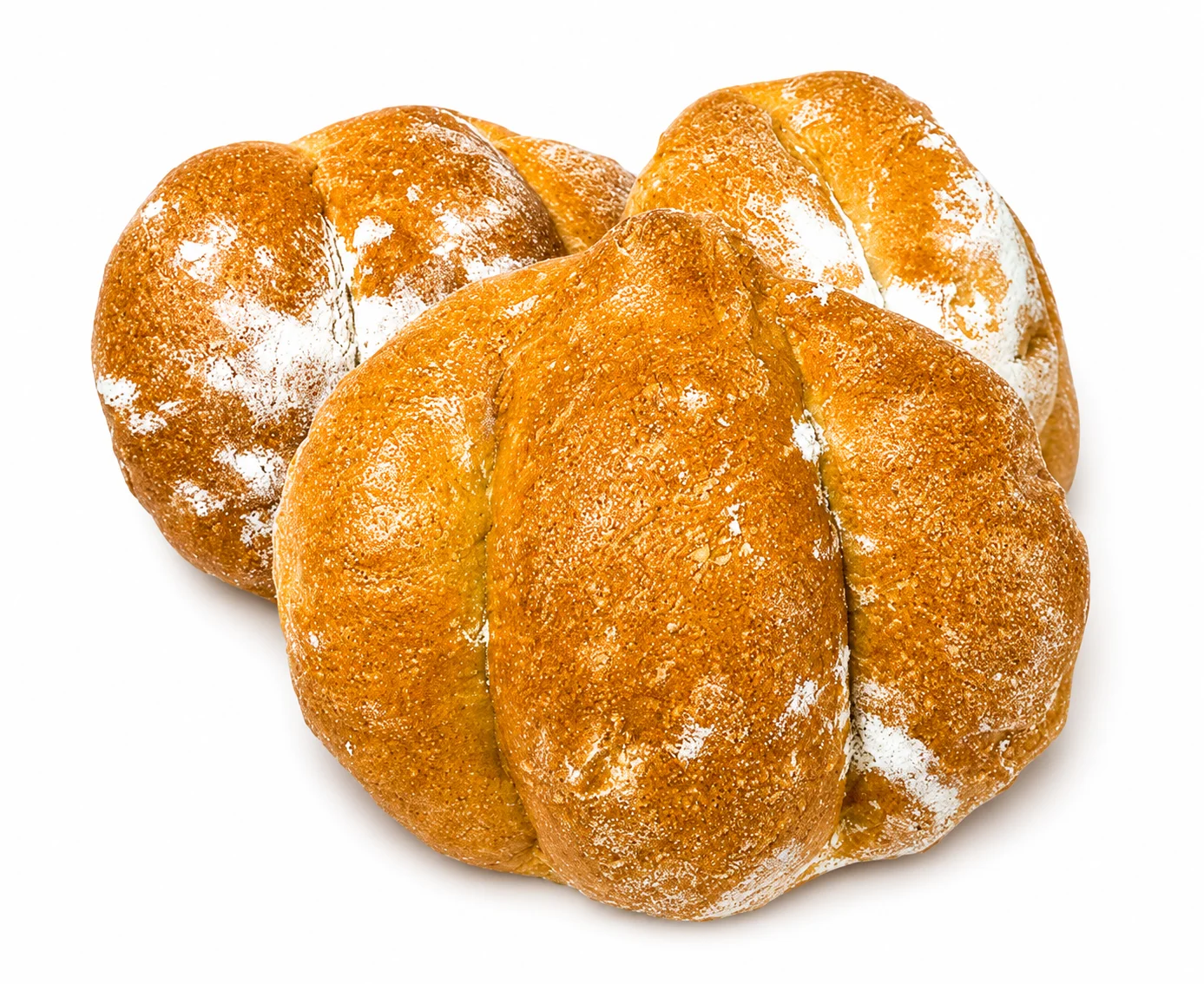 Three round artisan bread rolls with a dusting of flour.
