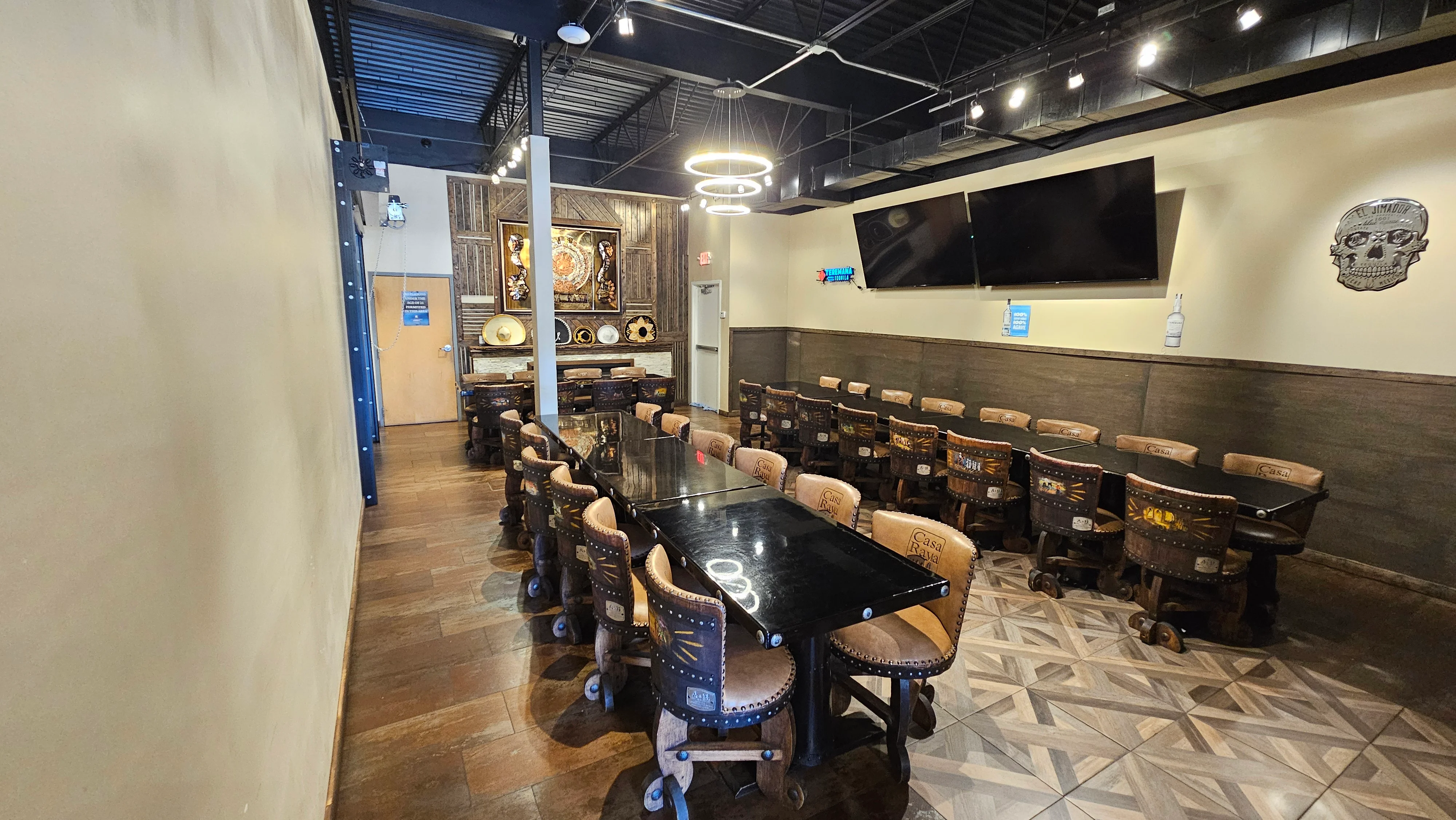 Stylish restaurant interior with wooden tables and unique decor