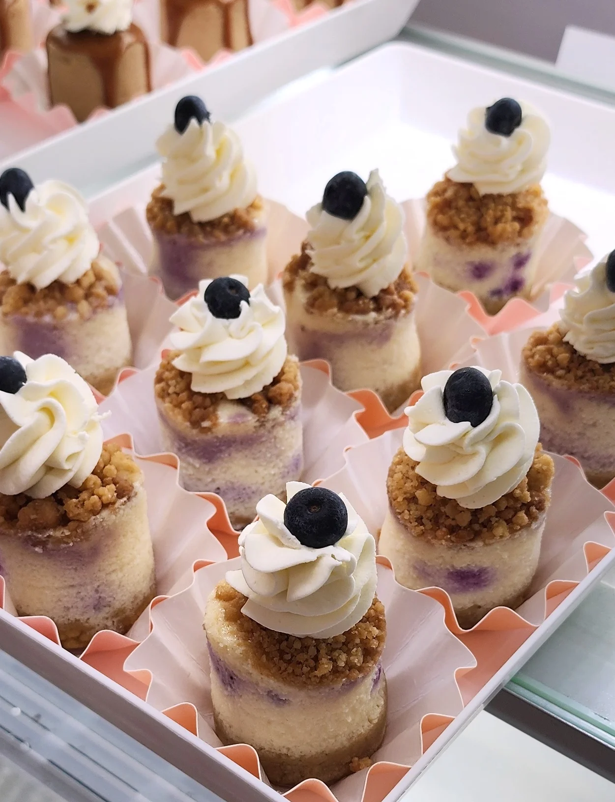 Mini blueberry cheesecakes with whipped cream