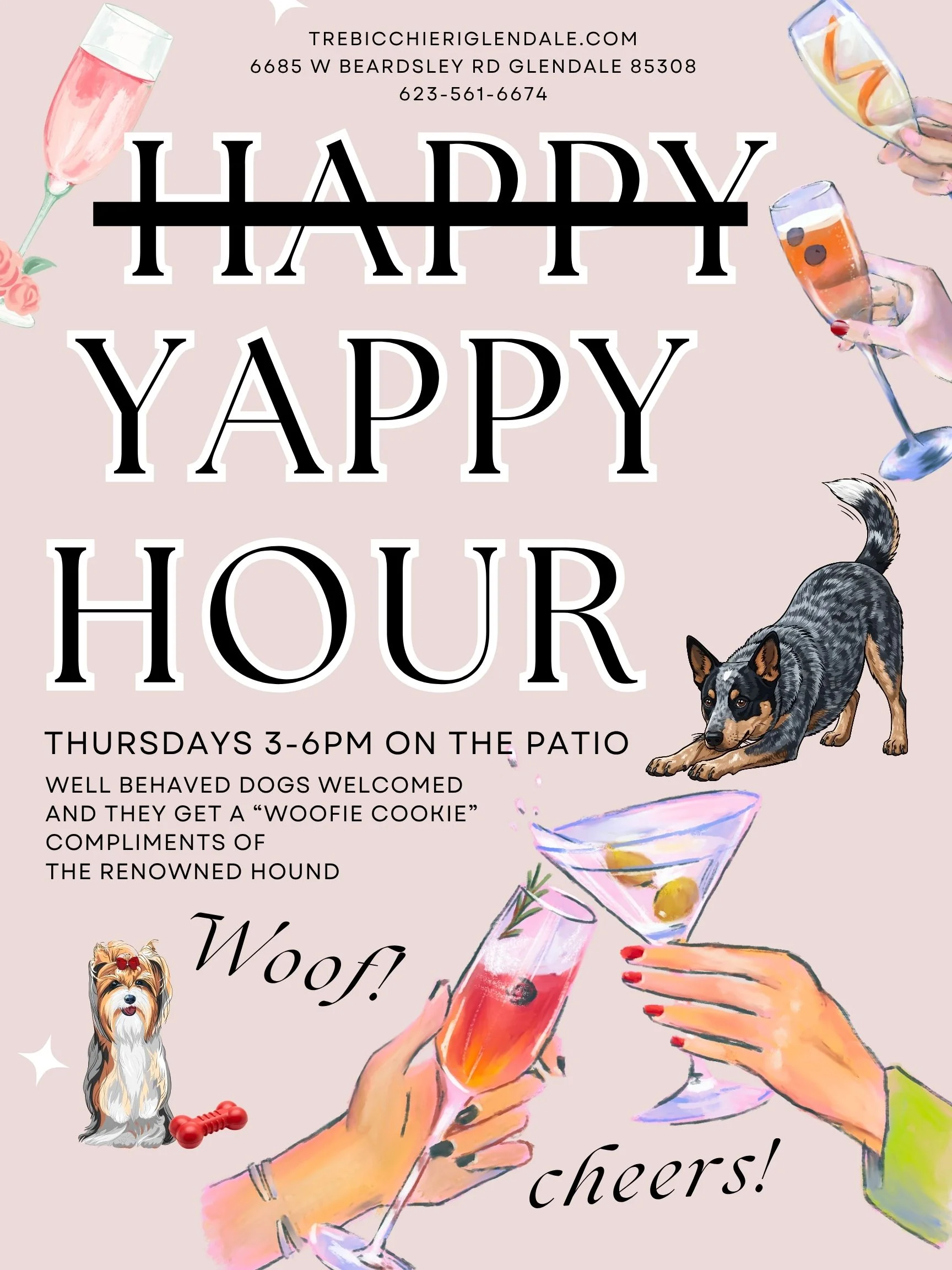 Promotional poster for Yappy Hour featuring dogs and cocktails