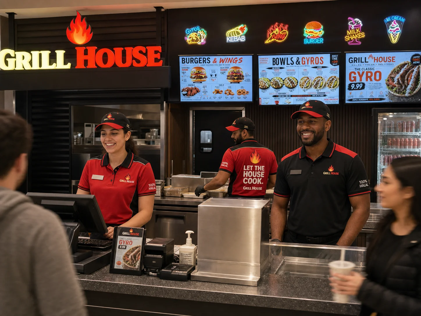A fast-casual restaurant counter with staff serving customers. The menu features a variety of items including burgers and wings.