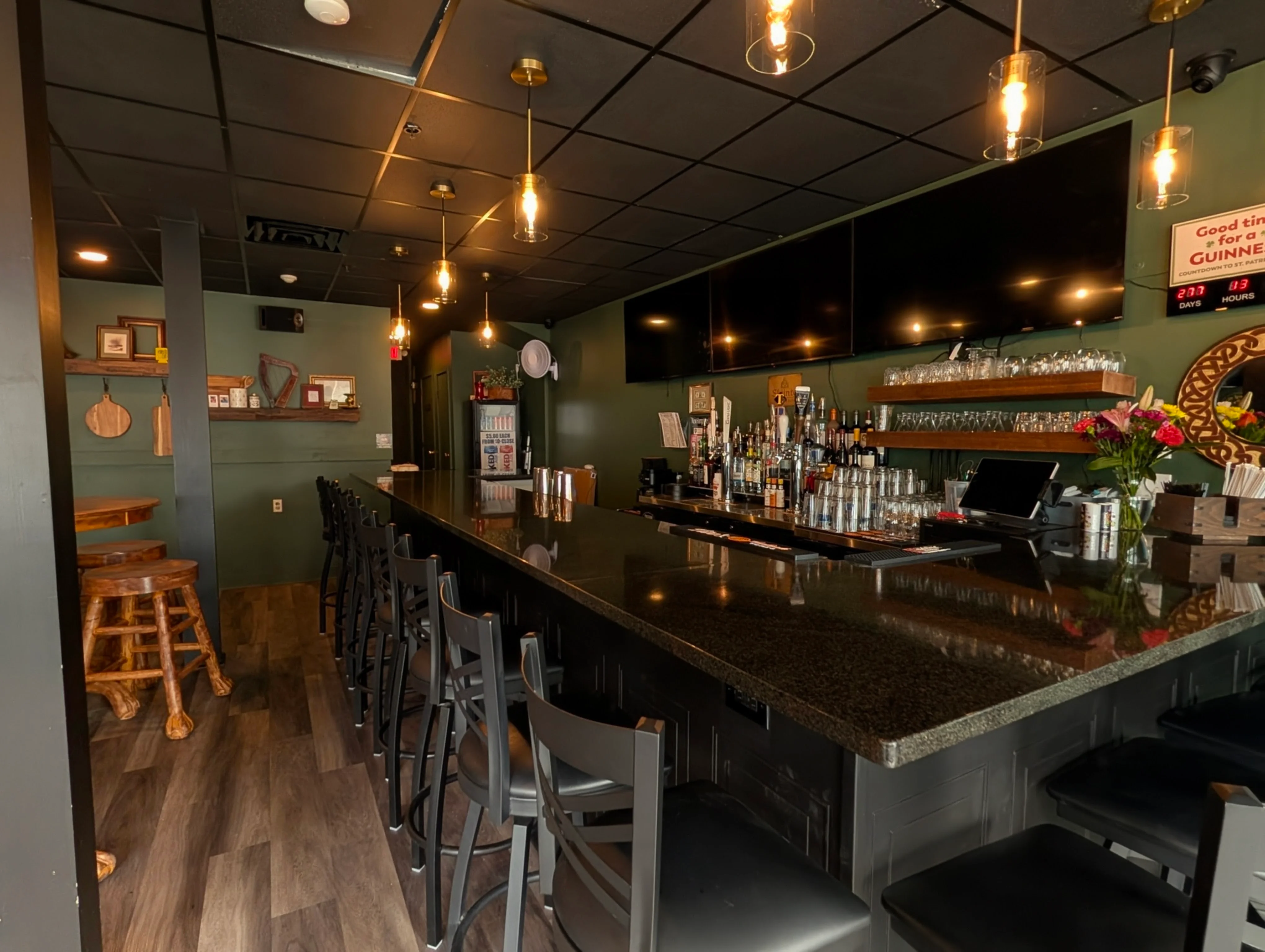 Modern bar interior with stylish lighting and seating