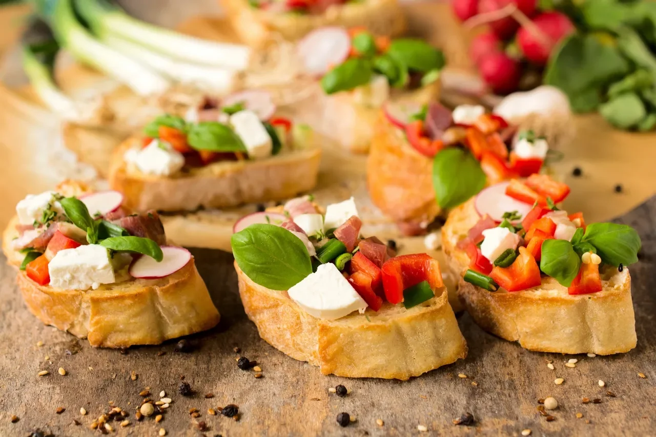 Italian bruschetta with fresh toppings on toasted bread