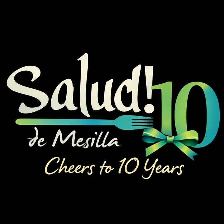 A graphic celebrating the 10th anniversary of a restaurant named 'Salud! de Mesilla' featuring a fork and a ribbon.