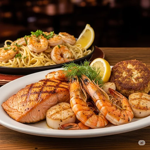 Grilled salmon and shrimp platter with lemon, a seafood delight