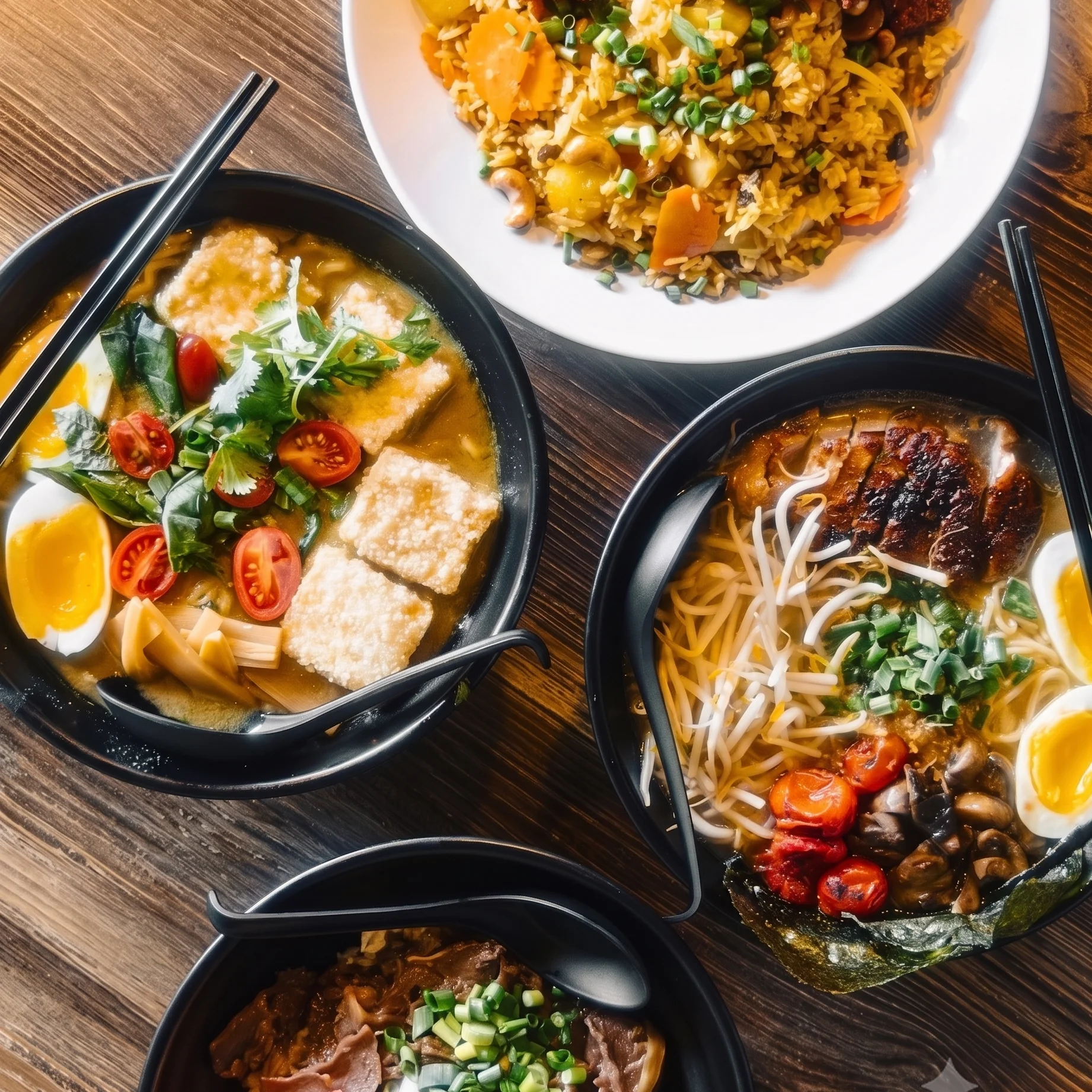 Assorted Asian noodle dishes including ramen and pho