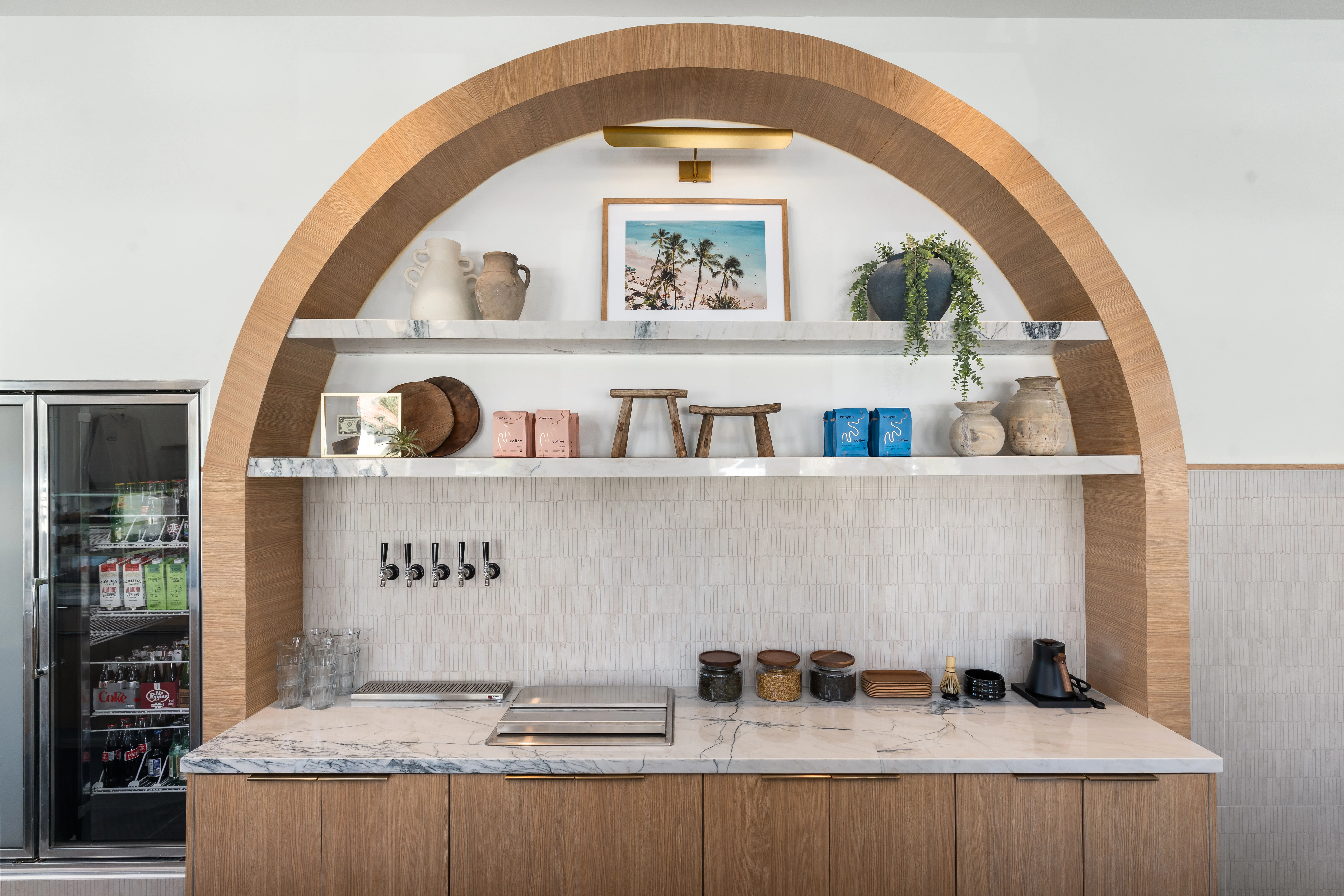 Modern café interior with stylish shelving and decor