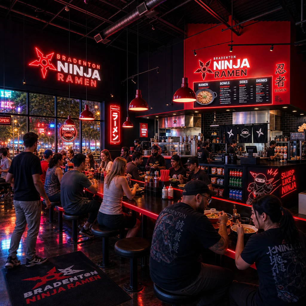 Vibrant interior of a ramen restaurant with diners enjoying their meals