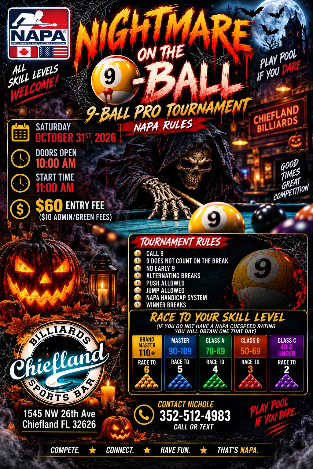 Halloween-themed 9-ball tournament poster for a billiards sports bar