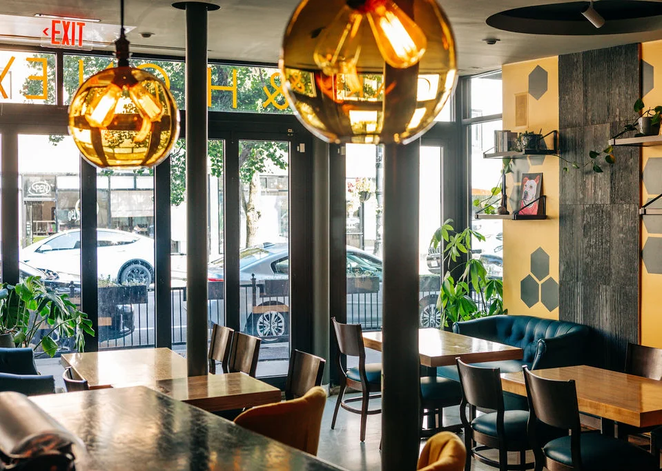 Modern restaurant interior with stylish decor and warm lighting