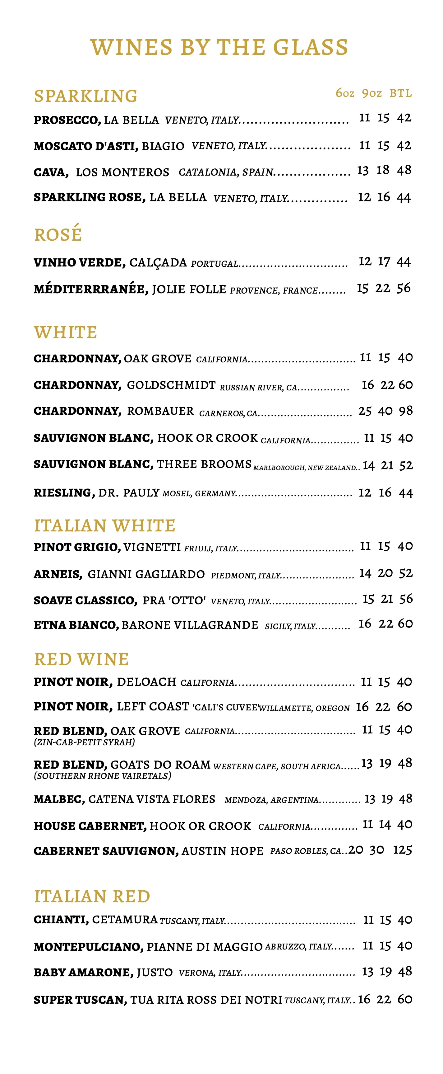 Wine menu featuring diverse selections by the glass